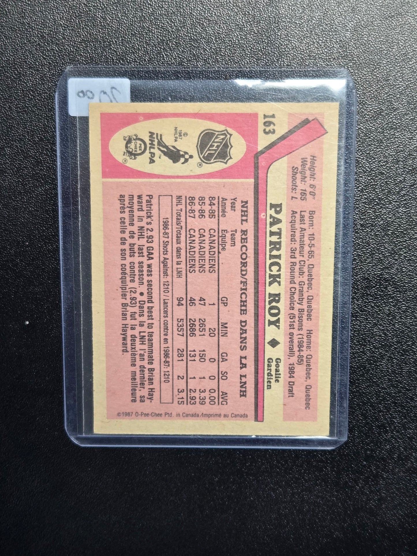 1987-88 OPC Patrick Roy #163