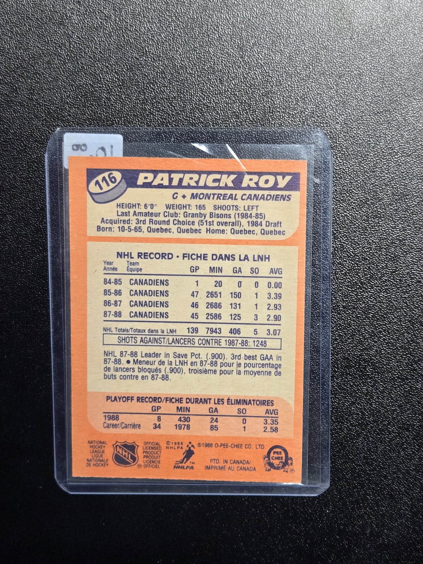 1988-89 OPC Patrick Roy #116