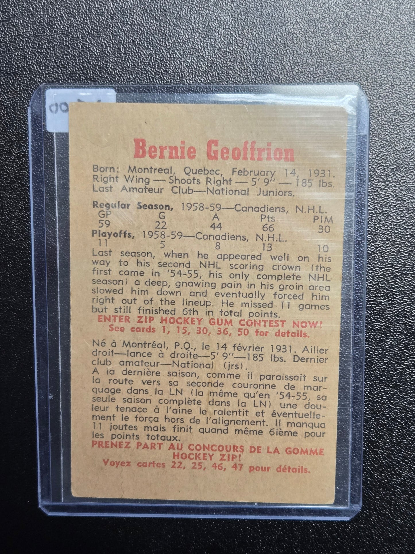 BERNIE GEOFFRION 1959-60 PARKHURST 59-60 NO 33