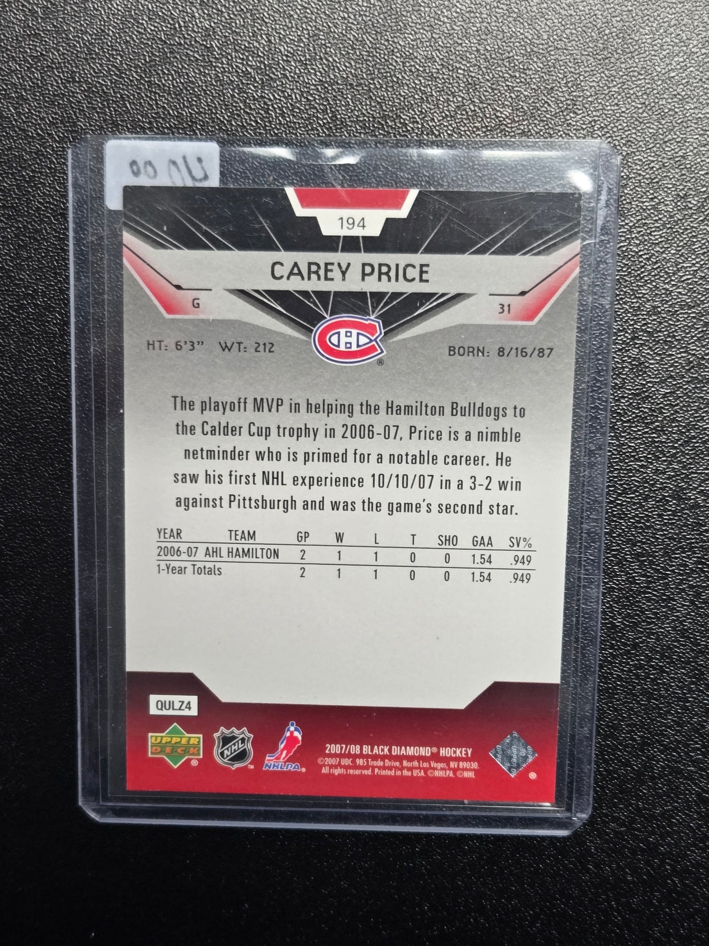 2007-08 Carey Price UD Rookie Gems #194